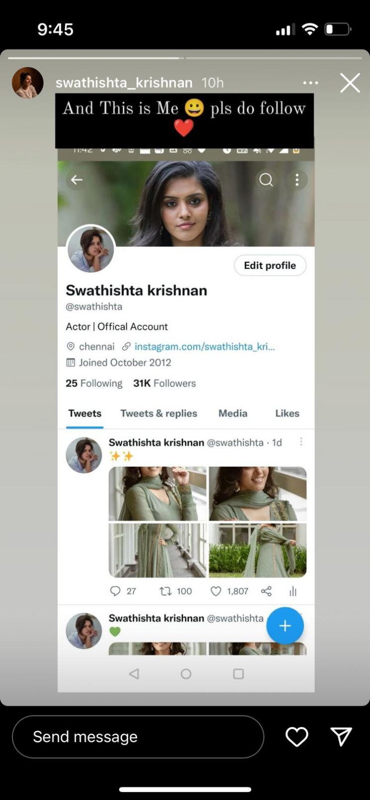 vikram movie actress swathishta krishnan alert fans about twitter fake accounts